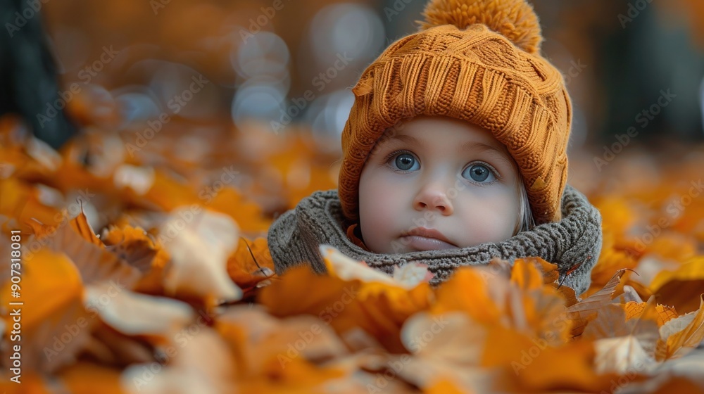 Autumn Joy: Child Playing in Vibrant Orange Leaves Autumn Joy: Child Playing in Vibrant Orange Leaves