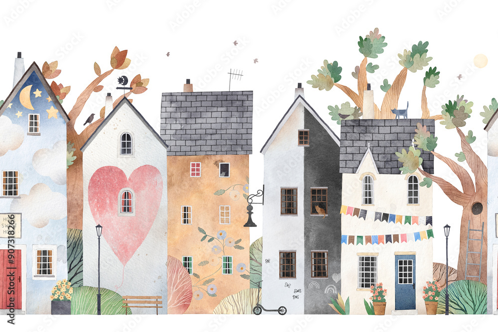 custom made wallpaper toronto digitalCute old town. Watercolor illustration. Children's horizontal poster. Seamless pattern background. Summer city.