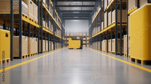 A spacious, organized warehouse featuring automated storage systems with yellow and beige boxes on high shelves, reflecting efficiency and technology in logistics.