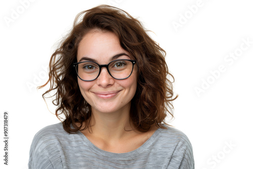 Confident woman with joyful expression, wearing glasses, isolated on white background