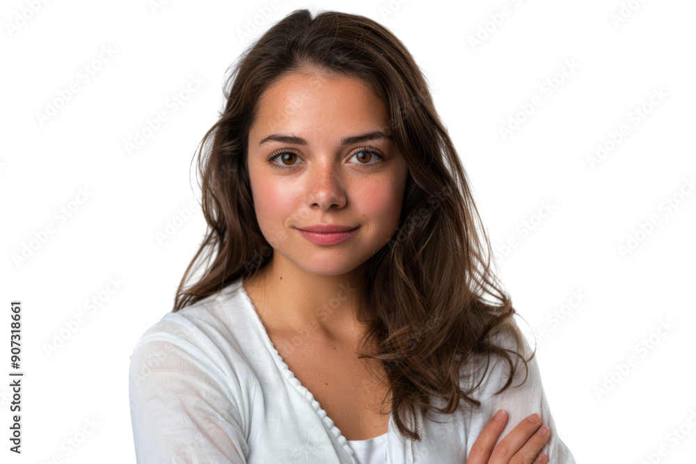 Confident young woman with brown eyes and folded arms Isolated on white background Confident young woman with brown eyes and folded arms Isolated on white background