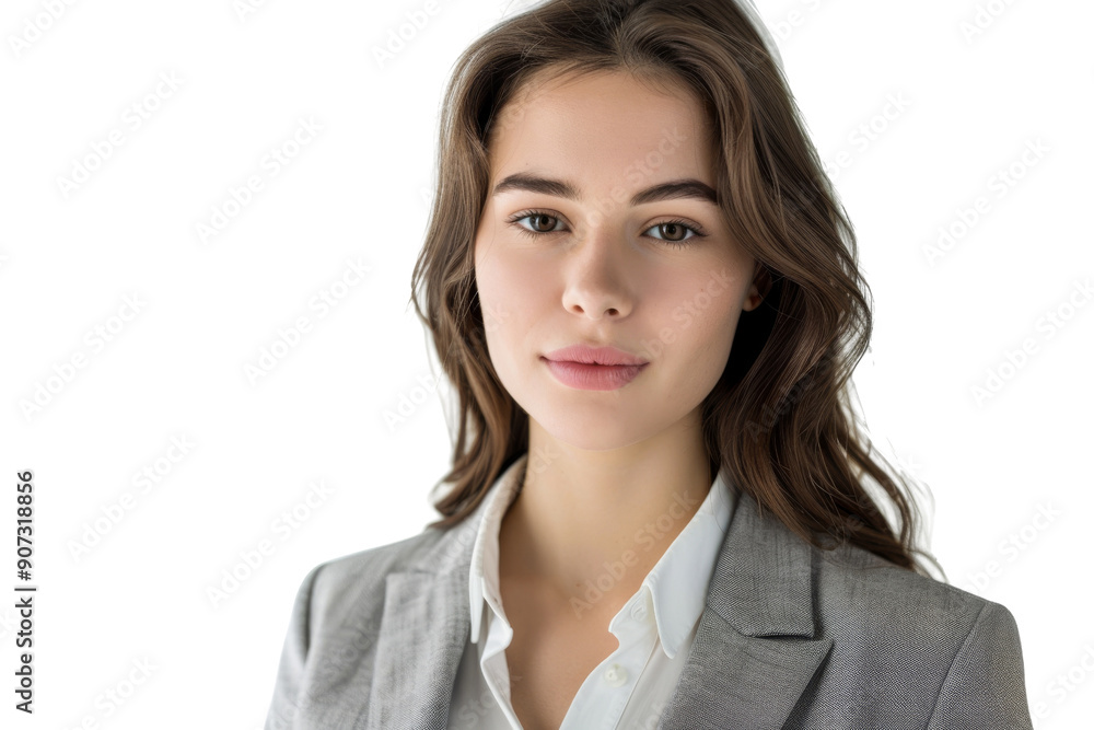 Confident young woman with brown eyes in business attire Isolated on white background Confident young woman with brown eyes in business attire Isolated on white background