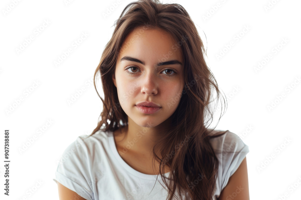 Confident young woman with brown eyes in casual outfit Isolated on white background Confident young woman with brown eyes in casual outfit Isolated on white background
