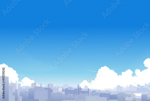 入道雲のある夏の空と都会のビル群のイラスト