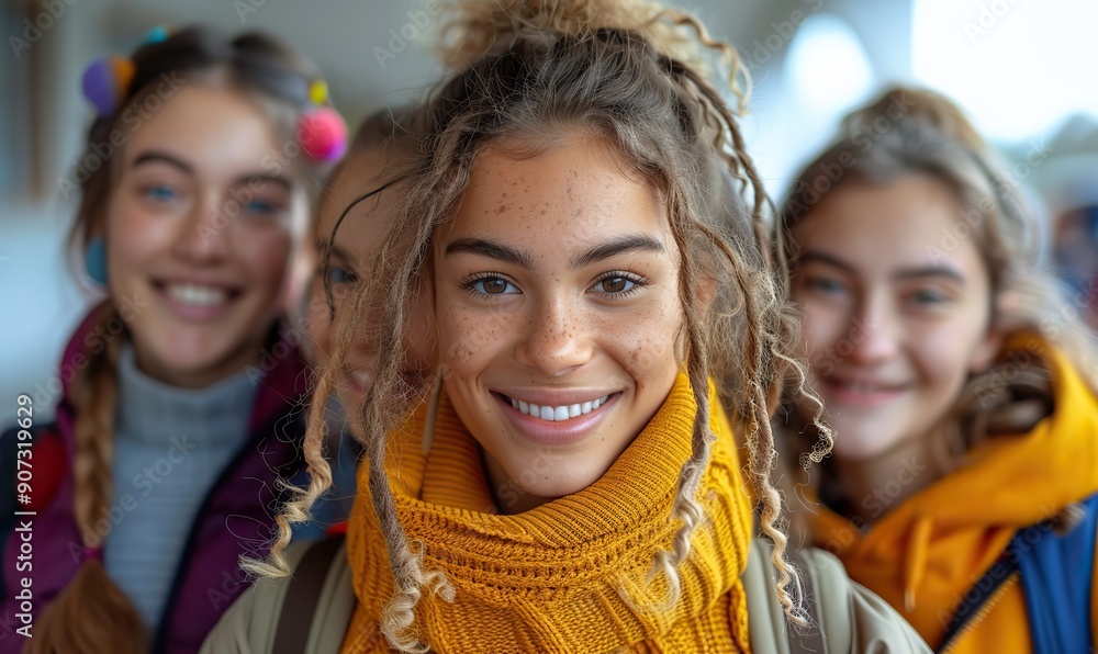 Happy teenage girls are taking a selfie on their college campus, smiling and enjoying their time together. Happy teenage girls are taking a selfie on their college campus, smiling and enjoying their time together.