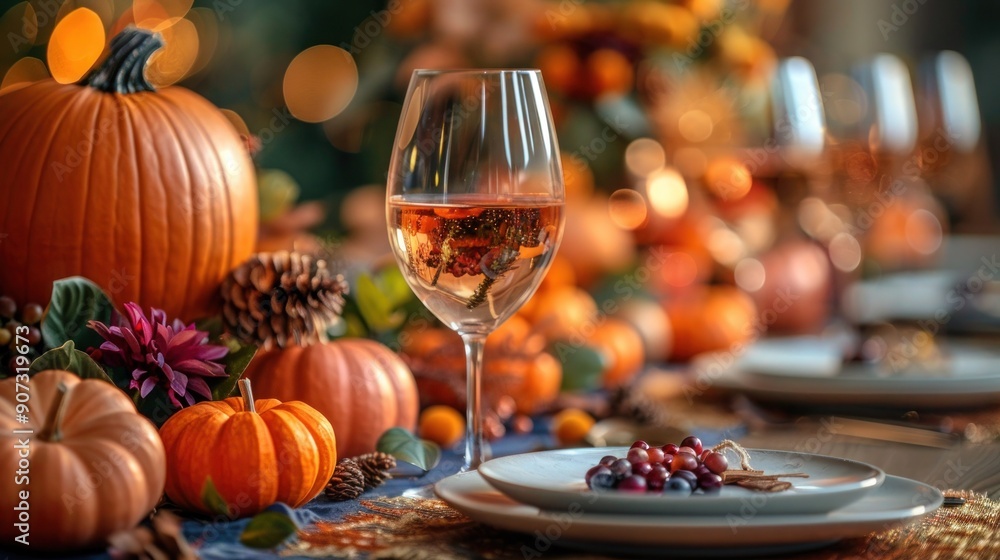 Autumnal Thanksgiving Table Setting with Decorative Pumpkins, Glasses, and Plates - Perfect for Catering and Hospitality during the Holidays. Autumnal Thanksgiving Table Setting with Decorative Pumpkins, Glasses, and Plates - Perfect for Catering and Hospitality during the Holidays.