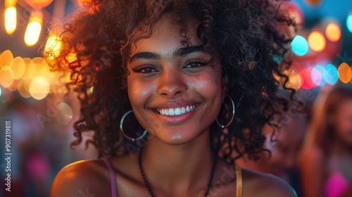 Nighttime Joy: Young African American Woman Having Fun at Open Air Music Event