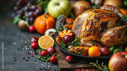 Thanksgiving Feast: Roasted Chicken or Turkey with Autumn Vegetables on Wooden Background. Top View Copy Space for Perfect Holiday Dinner. #ThanksgivingDay photo