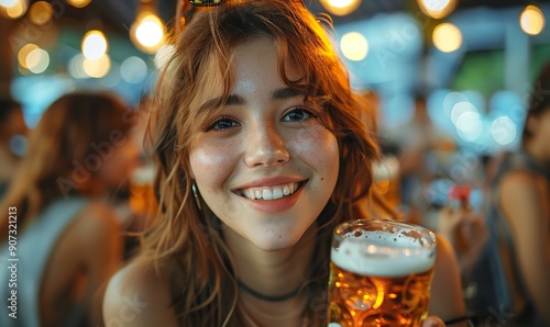 Young friends enjoy drinking beer pints and laughing together at a brewery pub garden, celebrating their friendship and the outdoors.