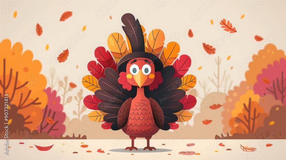 Thanksgiving Red Feathers Cartoon Turkey with Pilgrim Hat in Flat Style Thanksgiving Red Feathers Cartoon Turkey with Pilgrim Hat in Flat Style
