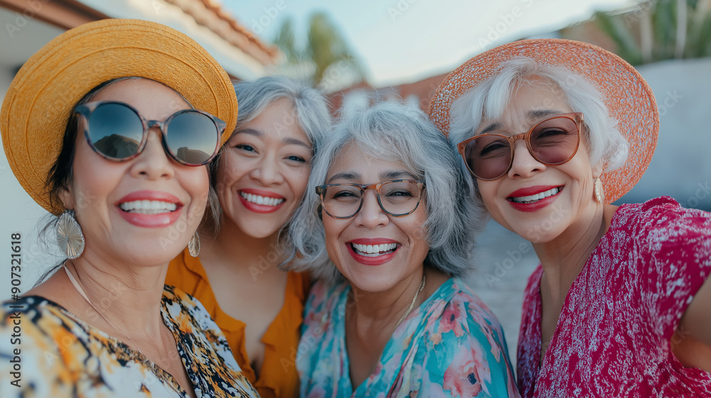 A group of four women, dressed in vibrant outfits with hats and sunglasses, smile warmly at the camera, celebrating their bond and the joyous moment around them.