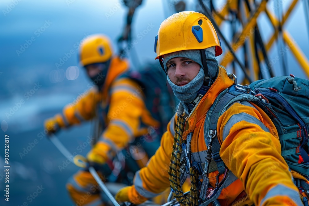Fototapeta premium Workers in safety harnesses high above with blur sky background, securing attachment for safety