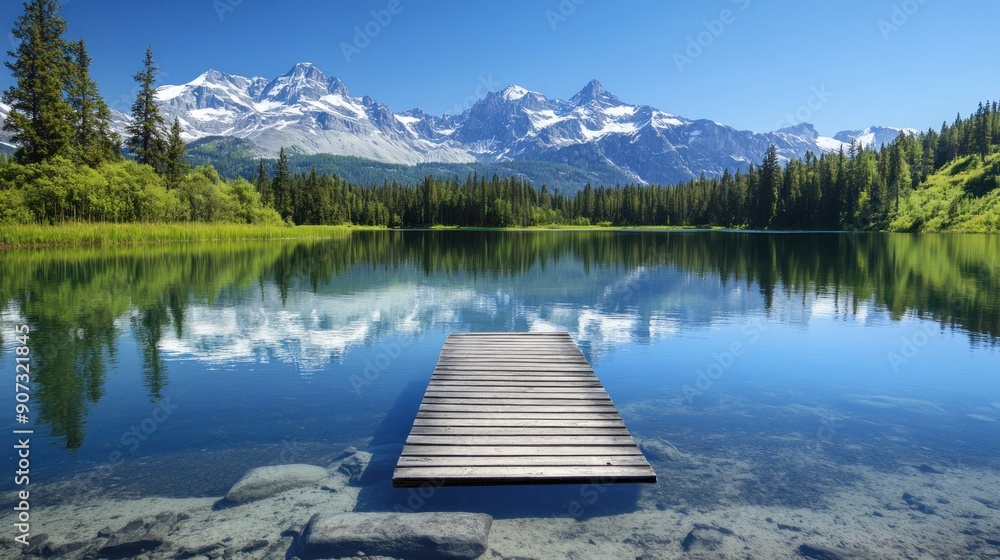 Serene Mountain Lake with a Wooden Dock Serene Mountain Lake with a Wooden Dock