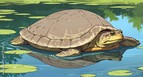 illustration of a critically endangered Yangtze giant softshell turtle in a serene river setting, highlighting its unique shell and the calm water with ample copy space. photo