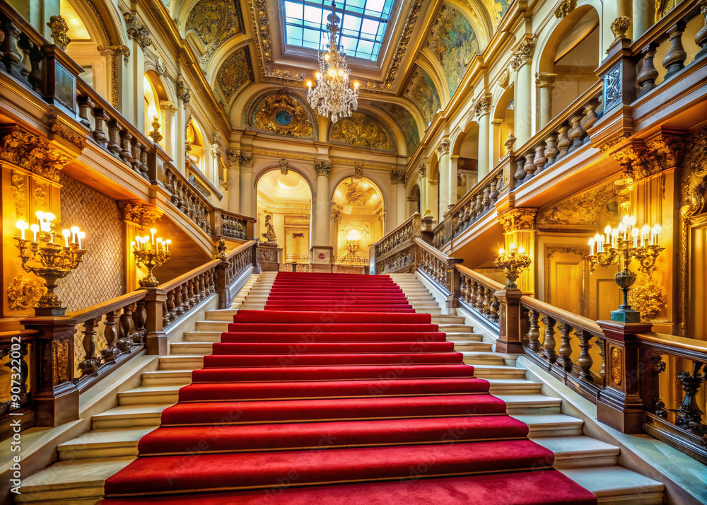 Opulent grand staircase with intricately carved golden banisters sweeps upward, bordered by rich red carpet, against a backdrop of lavish palace interior ornate details. Opulent grand staircase with intricately carved golden banisters sweeps upward, bordered by rich red carpet, against a backdrop of lavish palace interior ornate details.