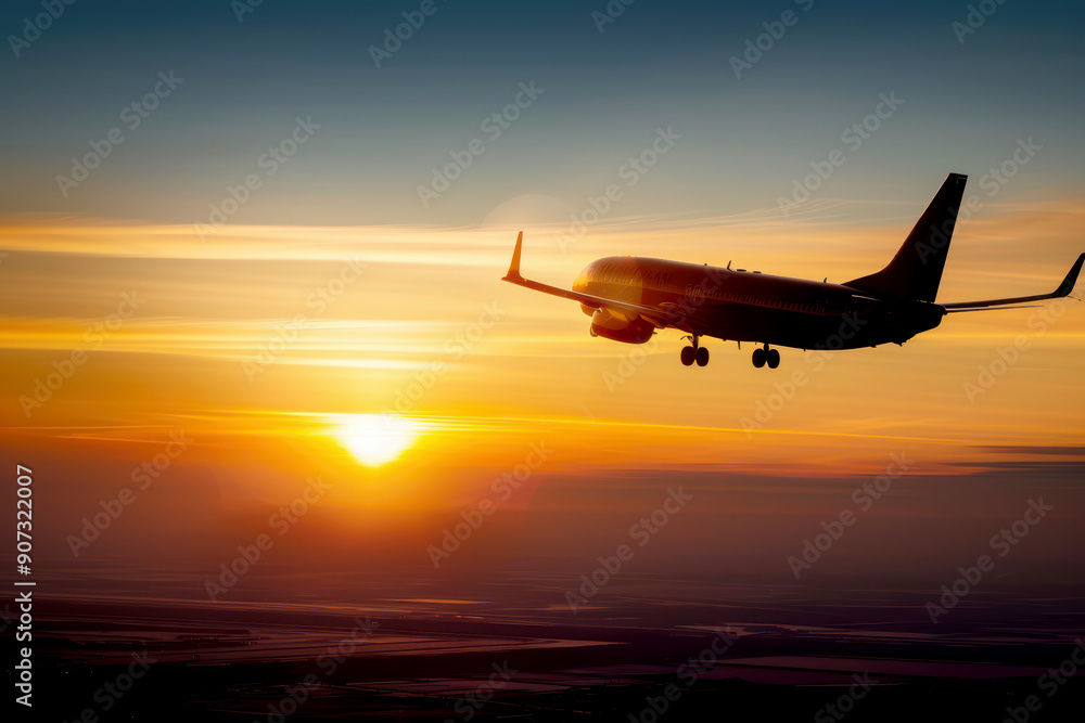 Aeroplane flying above the clouds and the setting sun in the background. AI generative. Aeroplane flying above the clouds and the setting sun in the background. AI generative.