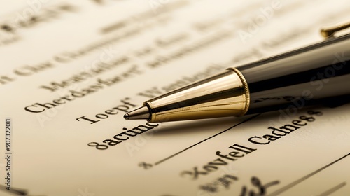 A close-up of a gold pen resting on a legal document, with the tip of the pen positioned above the signature line.
