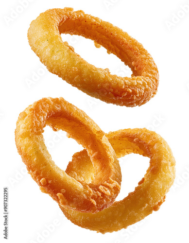 Crispy golden onion rings isolated on white background. Perfect snack or side dish for a delicious meal.