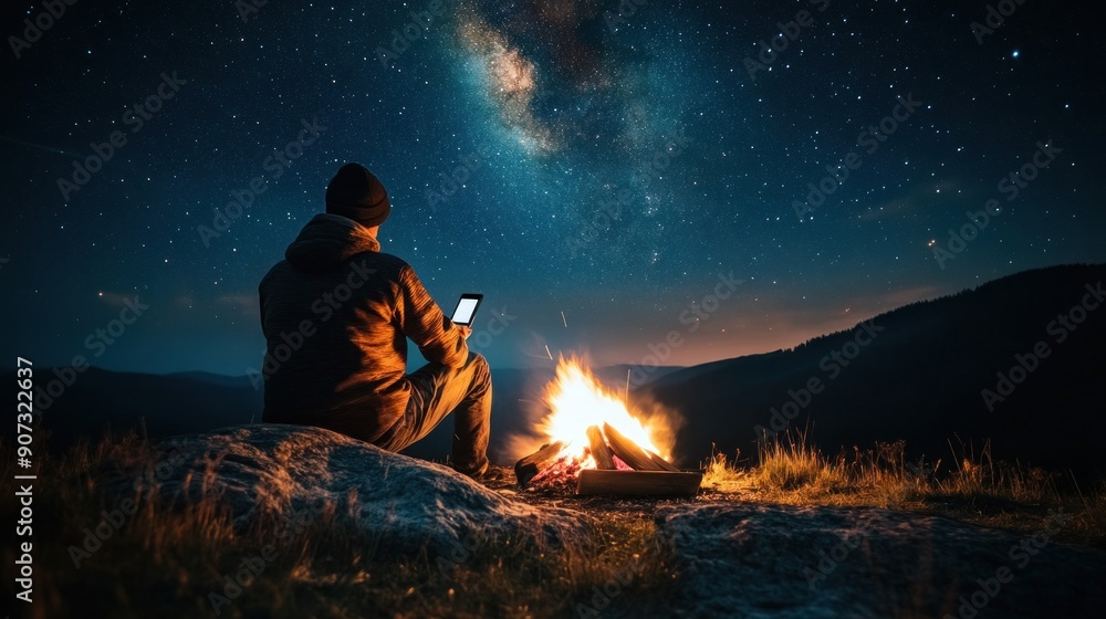 Man Sitting by a Campfire Under a Starry Sky Man Sitting by a Campfire Under a Starry Sky