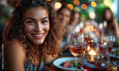 Happy friends cheer with red wine glasses while seated at a bar restaurant table, enjoying their time together.