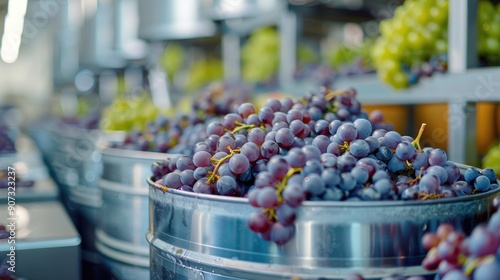 Wallpaper Mural Close-up of bunches of grapes and wine bottles in a winery, showcasing the vibrant colors and fresh produce used in winemaking.. Torontodigital.ca