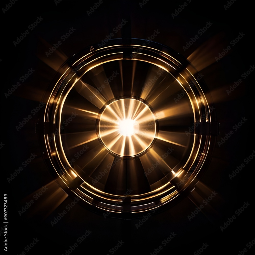 A bright, golden light emanates from the center of a circular object, casting radiating beams against a dark background. A bright, golden light emanates from the center of a circular object, casting radiating beams against a dark background.