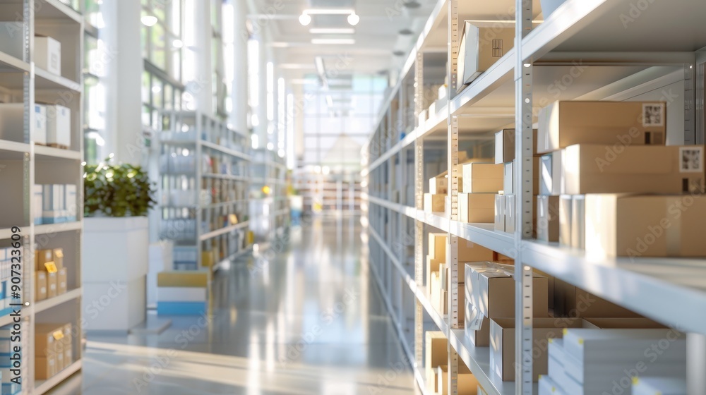 An automated warehouse featuring packages moving on a conveyor belt, showcasing modern logistics and efficient order processing technology.. An automated warehouse featuring packages moving on a conveyor belt, showcasing modern logistics and efficient order processing technology..