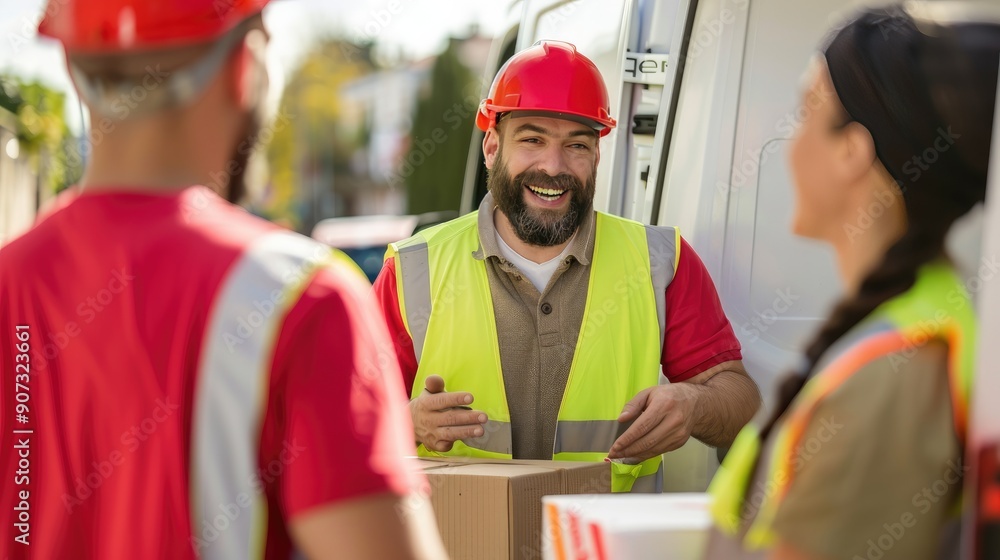 Three cheerful delivery workers in high-visibility vests and helmets chat and laugh by a van, creating a friendly and collaborative atmosphere.. Three cheerful delivery workers in high-visibility vests and helmets chat and laugh by a van, creating a friendly and collaborative atmosphere..