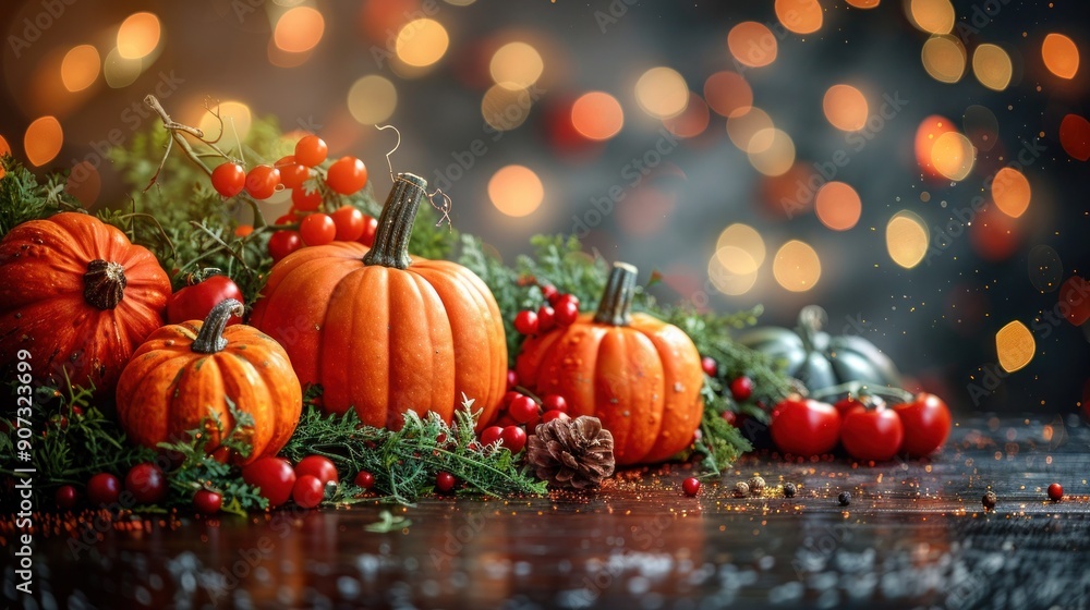 Thanksgiving Harvest: Pumpkins and Vegetables on a Rustic Wooden Table with Bokeh Lights Thanksgiving Harvest: Pumpkins and Vegetables on a Rustic Wooden Table with Bokeh Lights