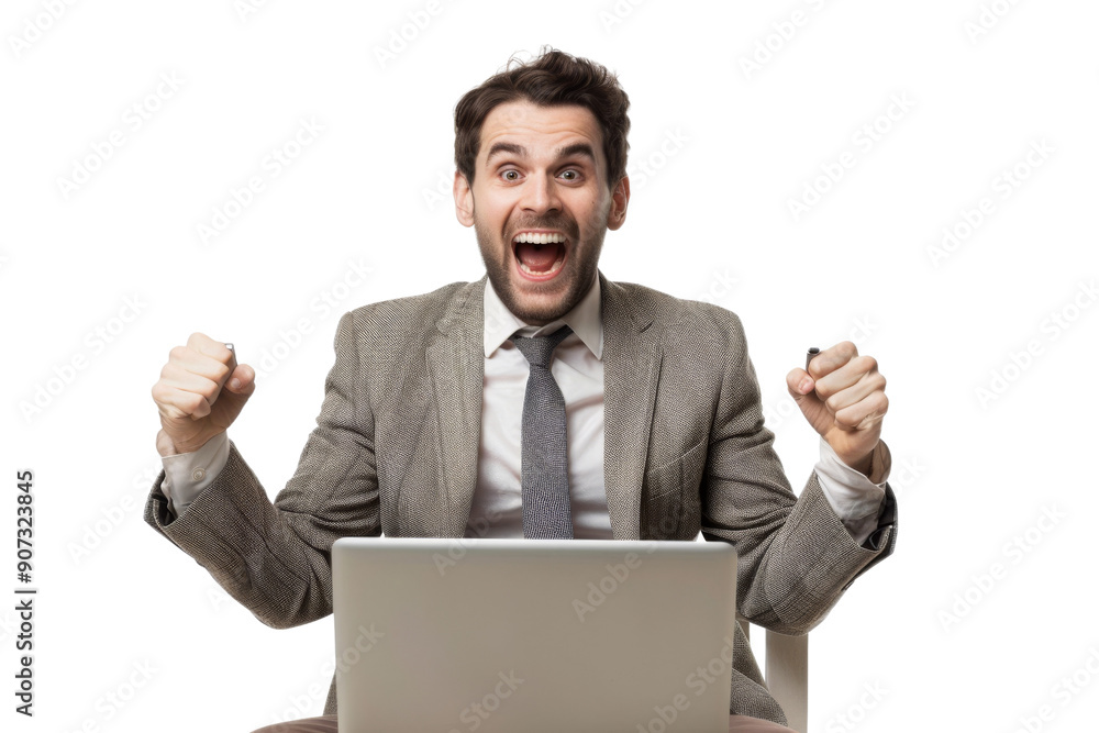 Happy businessman with open laptop Isolated on white background Happy businessman with open laptop Isolated on white background