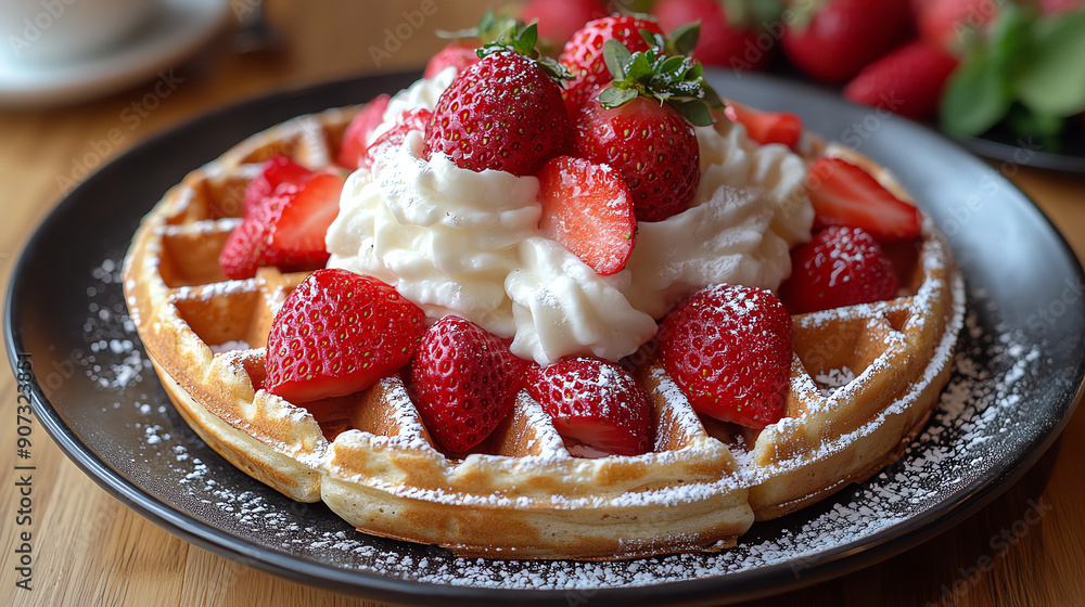 A waffle topped with whipped cream and fresh strawberries, dusted with powdered sugar.
A waffle topped with whipped cream and fresh strawberries, dusted with powdered sugar.