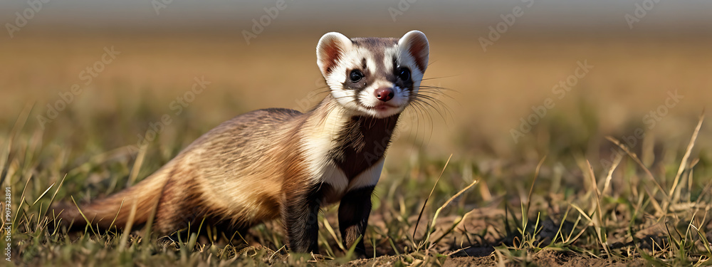 Artistic render of a Black-footed ferret in a prairie landscape, emphasizing its playful behavior and the open grasslands with a solid background and ample copy space. Artistic render of a Black-footed ferret in a prairie landscape, emphasizing its playful behavior and the open grasslands with a solid background and ample copy space.