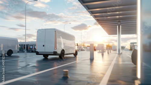 A white delivery van parked in an urban area during sunset, highlighting logistics and transportation services..