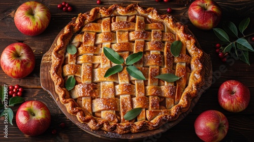 Delicious Homemade Apple Pie on Rustic Wooden Background