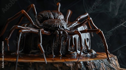 Spider shaped Halloween cake, with smoke, on black background, dark chocolate cake photo