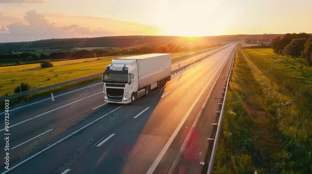 A modern semi-truck driving on a highway at sunset, showcasing transportation, logistics, and long-haul trucking services..