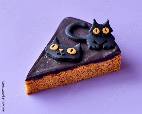 Triangle shaped Halloween cake with funny black cats, isolated on purple background, blank space for text, chocolate and orange cake photo