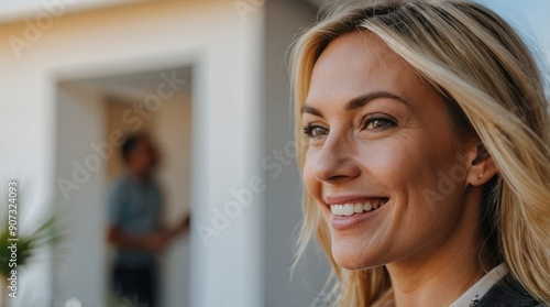 Portrait of happy female real estate agent businesswoman in front of buyer couple people in blurred background. Homeownership relocation concept Free Download Portrait of happy female real estate agent businesswoman in front of buyer couple people in blurred background. Homeownership relocation concept - GFXLoad