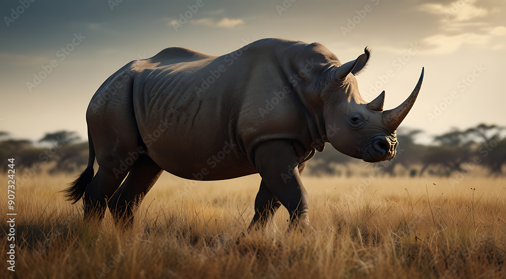 Fototapeta premium Stylized art of a Black rhino standing in a savanna landscape, showcasing its impressive horns and the expansive grasslands with a solid background and ample copy space.