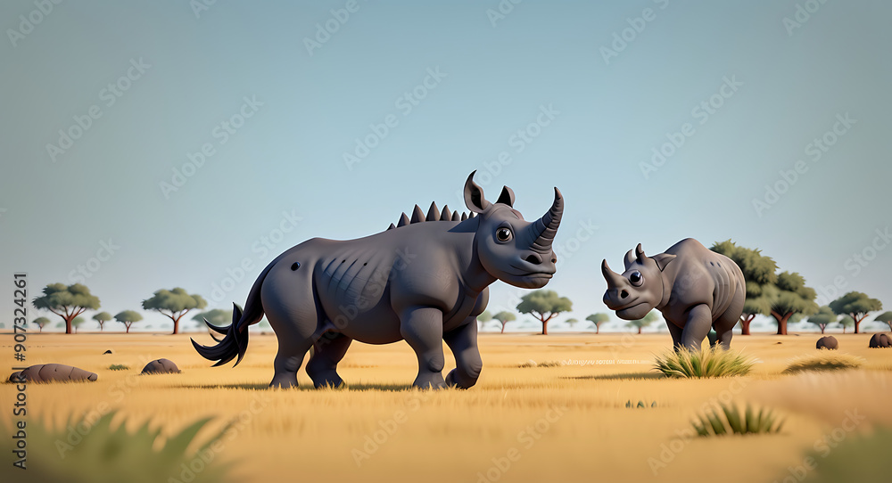 Fototapeta premium Stylized art of a Black rhino standing in a savanna landscape, showcasing its impressive horns and the expansive grasslands with a solid background and ample copy space.