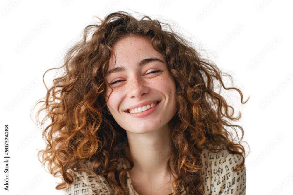 Happy woman with curly hair and cheerful expression, isolated on white background Happy woman with curly hair and cheerful expression, isolated on white background