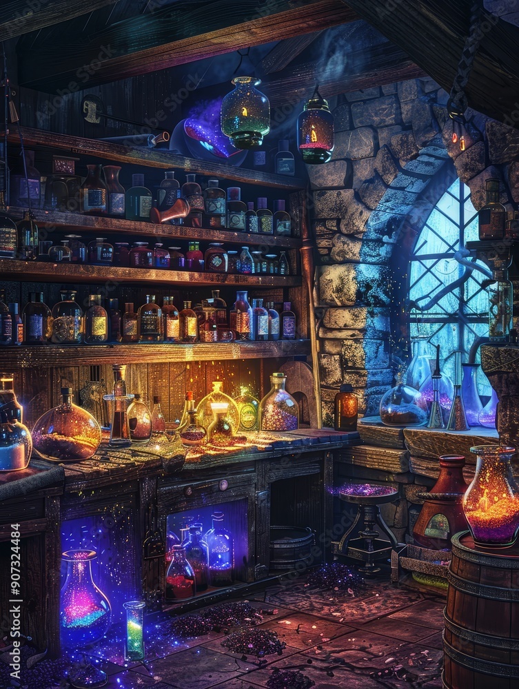 Obraz premium A dimly lit alchemist's workshop filled with potions, beakers, and other magical supplies.