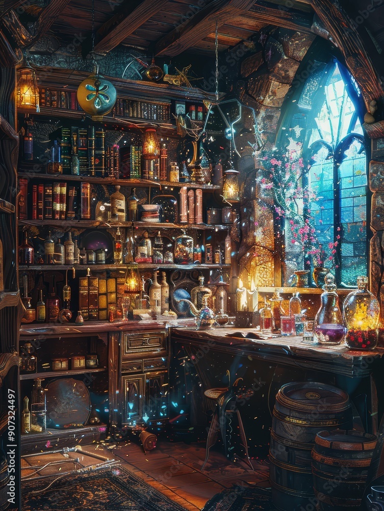 Obraz premium A dimly lit, magical apothecary with shelves of potions, candles, and mysterious ingredients. The room is filled with an enchanting atmosphere.