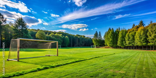 Green grass of a empty soccer field stretches beyond a rustic wooden fence, goalposts standing tall, surrounded by lush trees under a clear blue sky. photo