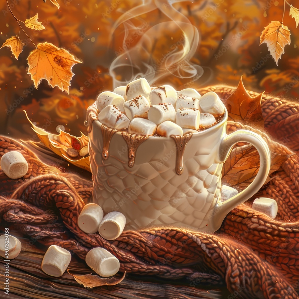A steaming mug of hot chocolate topped with marshmallows sits on a cozy knitted blanket with falling autumn leaves. A steaming mug of hot chocolate topped with marshmallows sits on a cozy knitted blanket with falling autumn leaves.