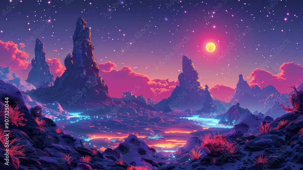A surreal landscape with towering rock formations, a glowing red sun, and a starry sky. A surreal landscape with towering rock formations, a glowing red sun, and a starry sky.