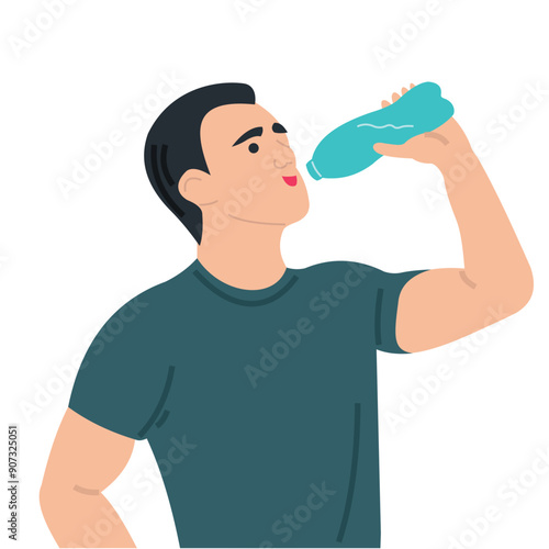 Vector design illustration of a man with neat hair holding a bottle with a gesture of wanting to drink water from his bottle