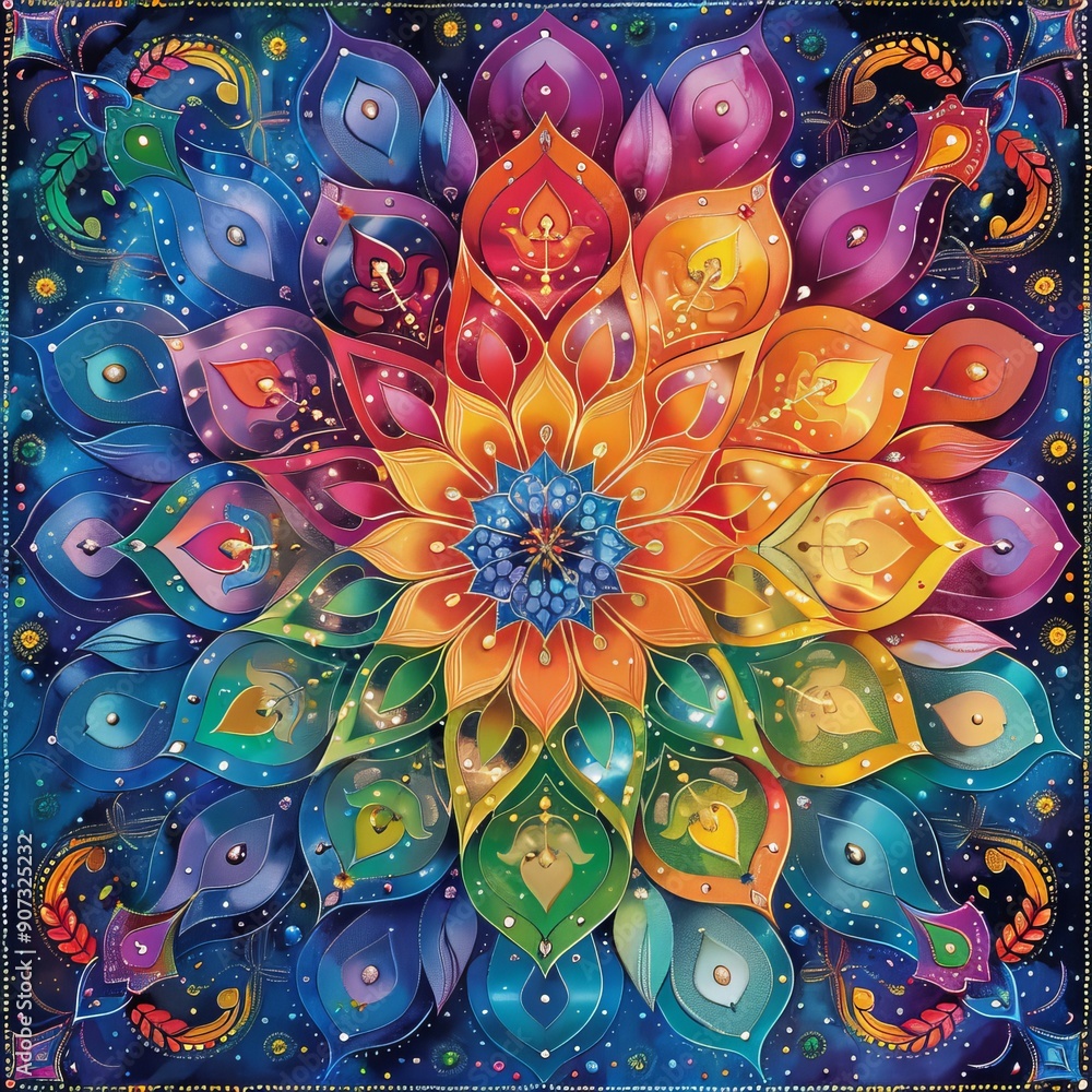Fototapeta premium A vibrant, colorful mandala with a celestial theme. The intricate design features a swirling pattern of stars, planets, and celestial bodies.