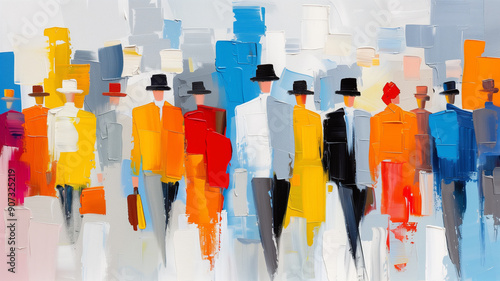A vibrant abstract painting of people in hats, showcasing colorful figures walking against a modern background.