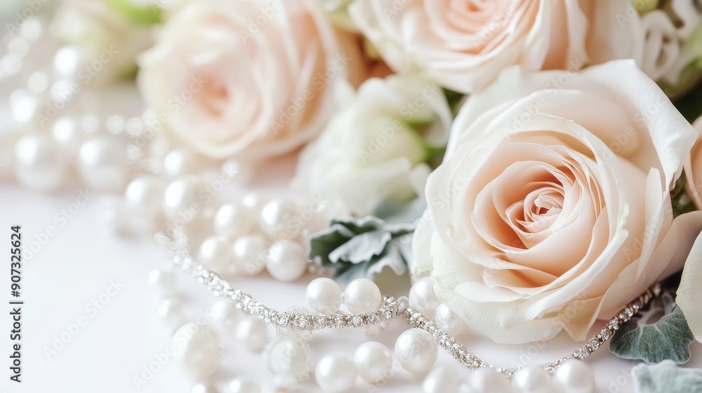 Elegant roses with pearls in a soft, romantic setting Elegant roses with pearls in a soft, romantic setting